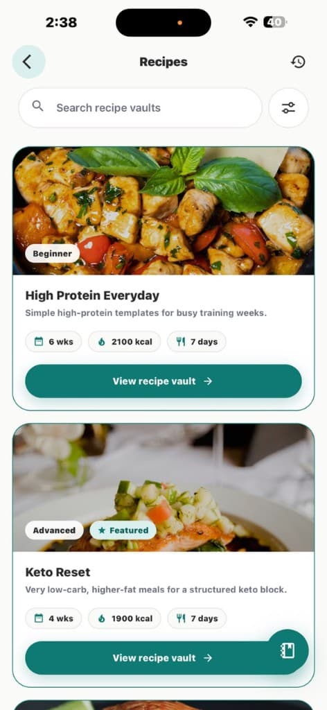 Nutrition.Fitness app preview showing the recipe vault