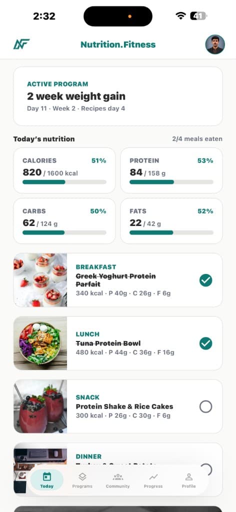 Nutrition.Fitness app preview showing daily nutrition tracking and meals