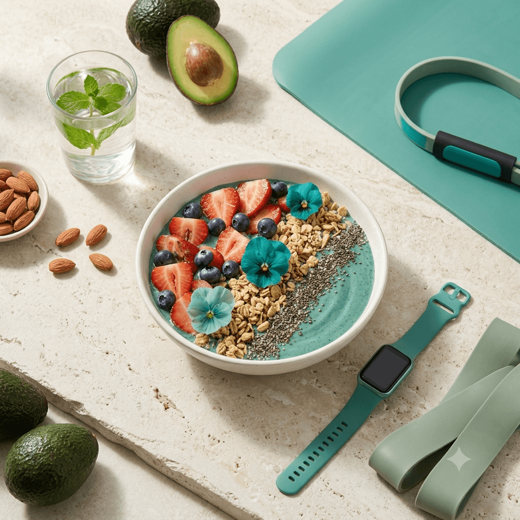 Healthy breakfast bowl with fitness accessories